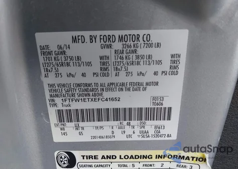 2014 Ford F-150 Xlt из США, поврежденный, VIN 1FTFW1ETXEFC41652